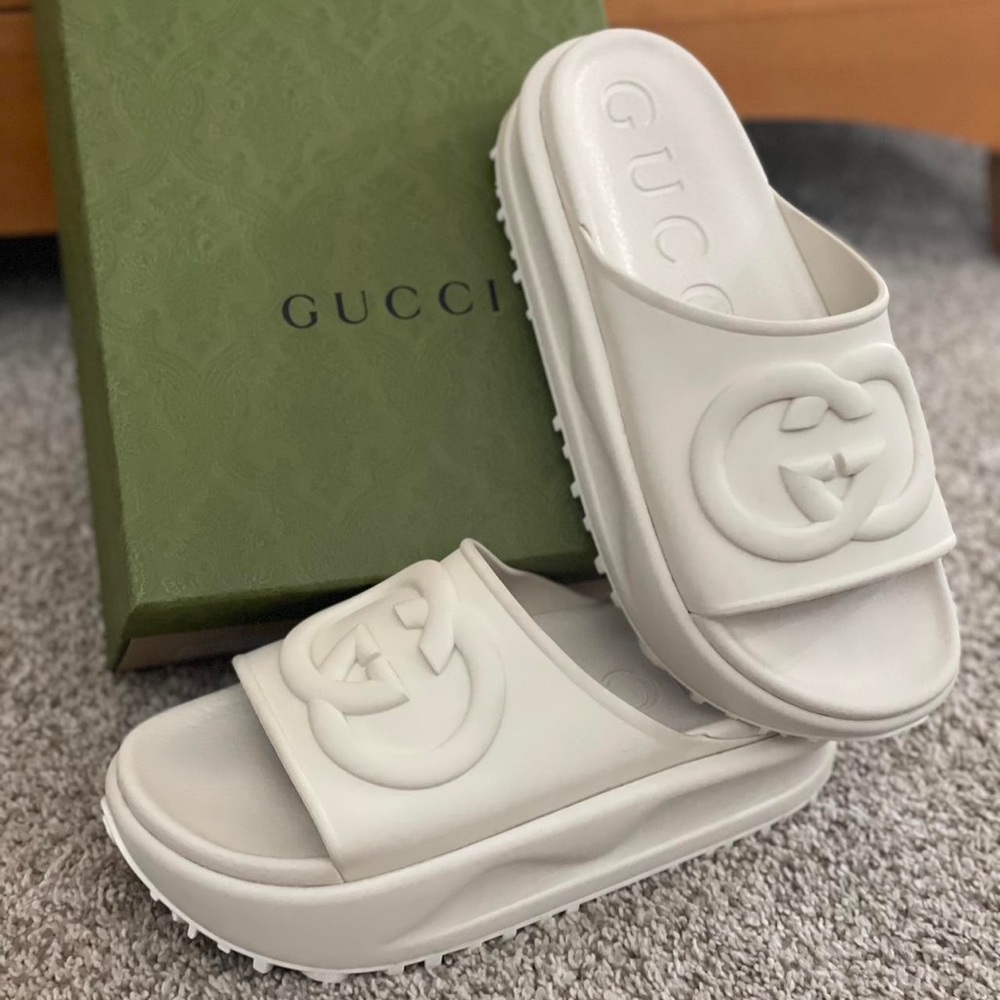 Gucci White Platform Logo Slide Sandals